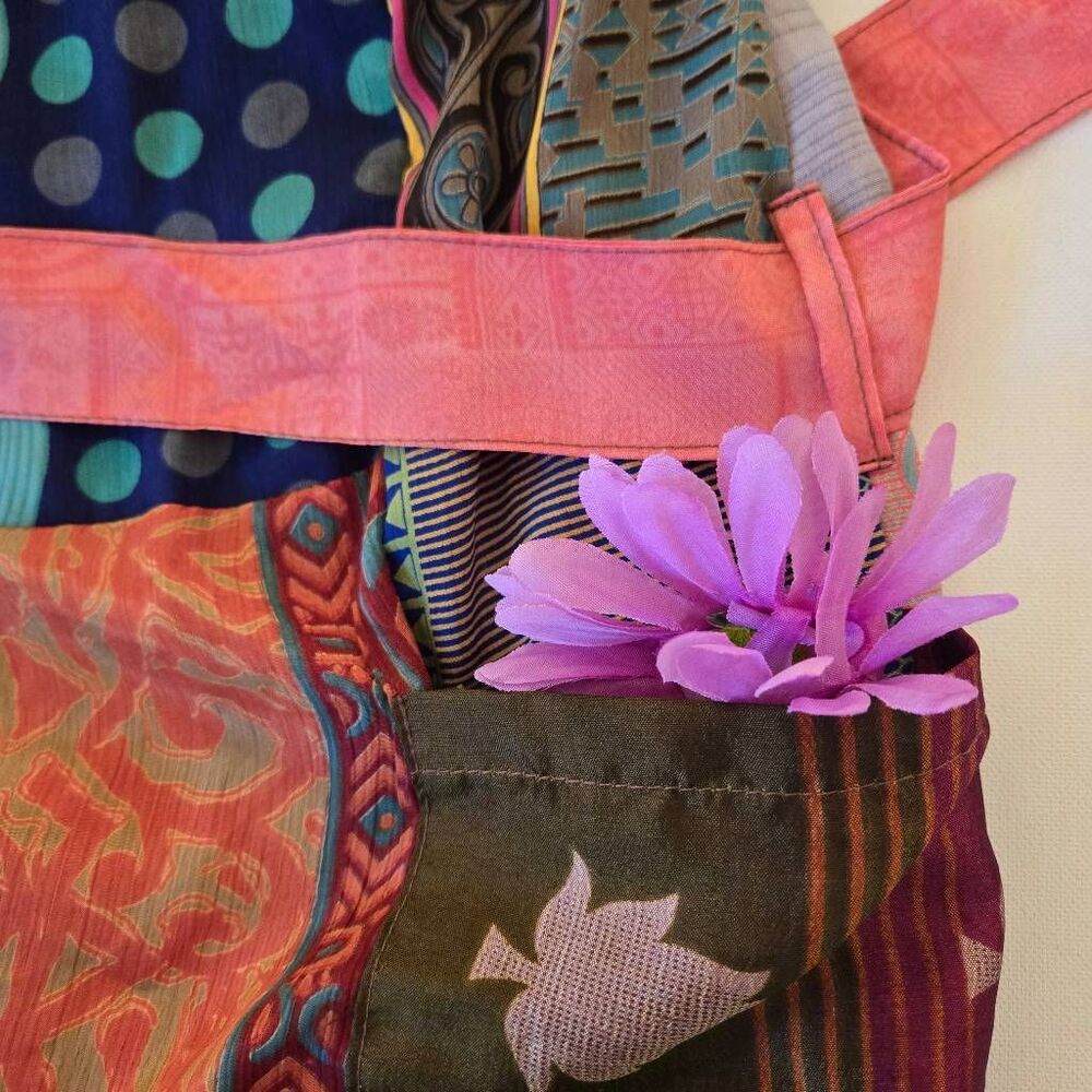 Boho Womens Patchwork Silky Reversible Belted Lon… - image 8